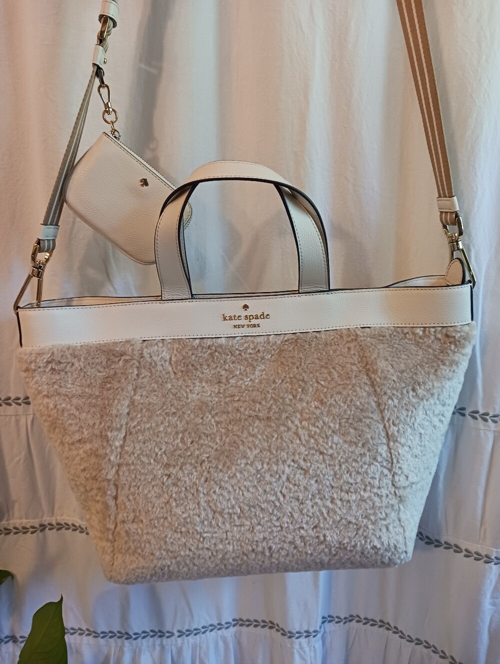 Kate Spade New York Rosie Satchel Natural Faux Shearling Pebbled Leather Trim - Picture 11 of 16